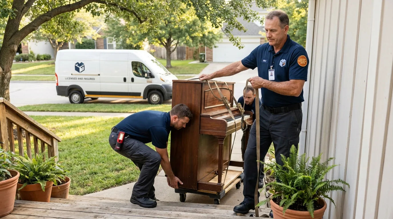 Licensed piano movers securing grand piano in Hillsboro, KS