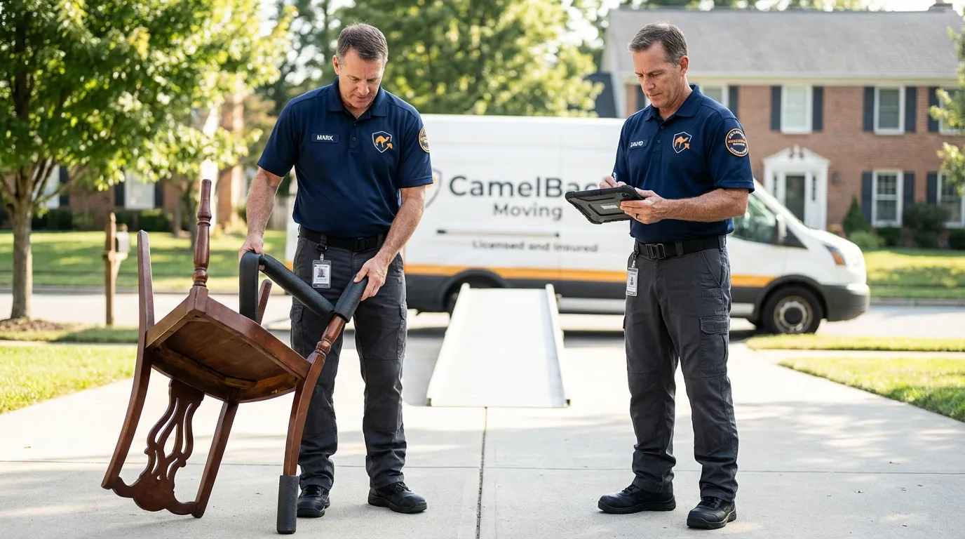 Movers inspecting furniture for damage prevention before loading in Hillsboro, KS