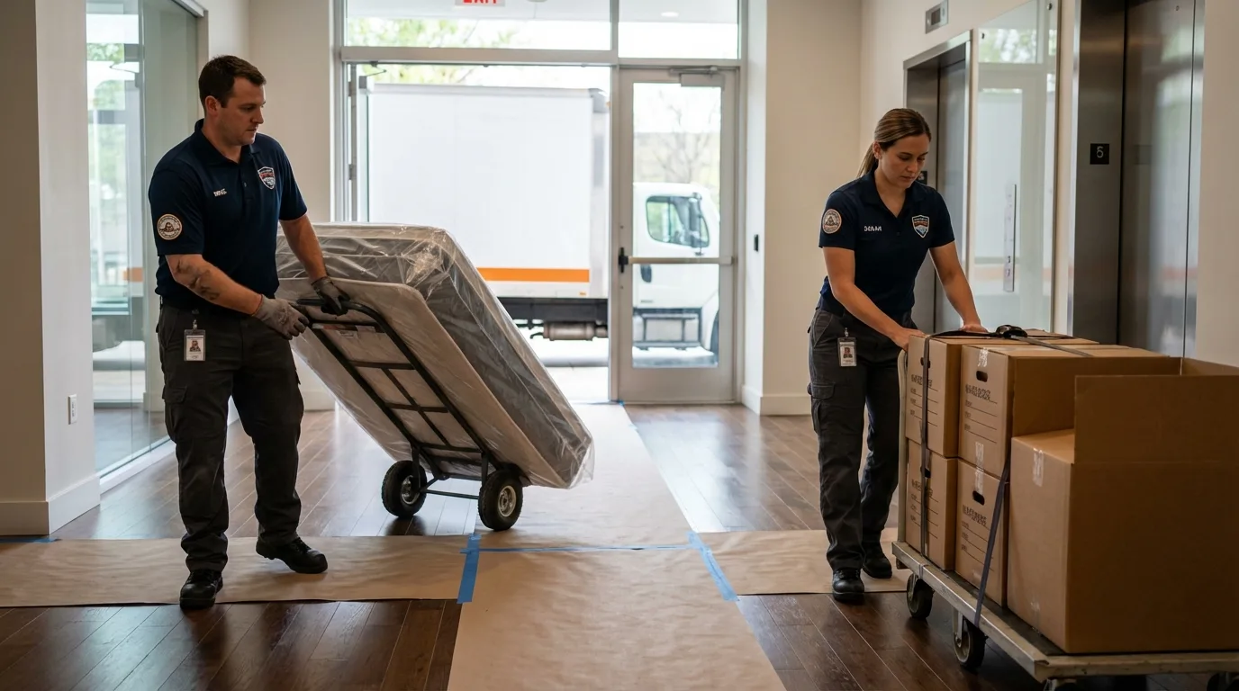 Professional apartment movers loading elevator in Hillsboro, KS
