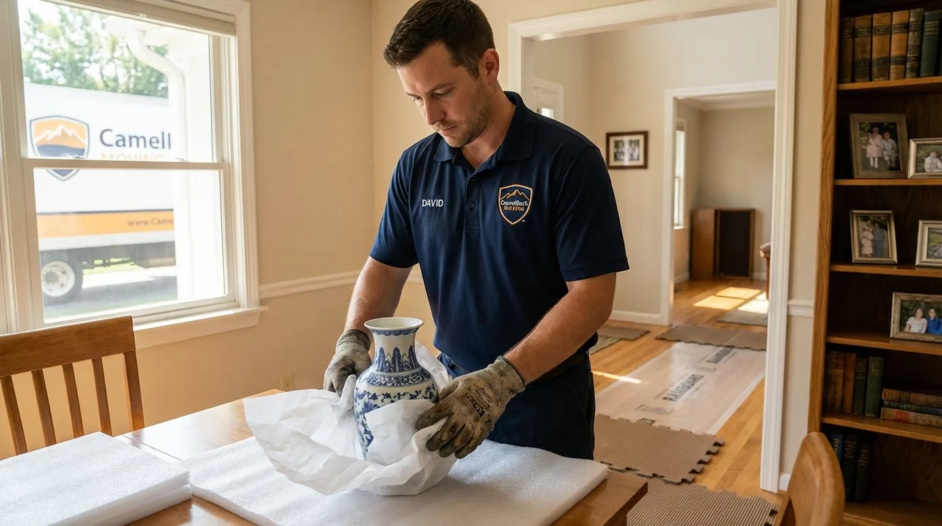 Professional crew carefully wrapping antique vase for senior downsizing move in Hillsboro, KS